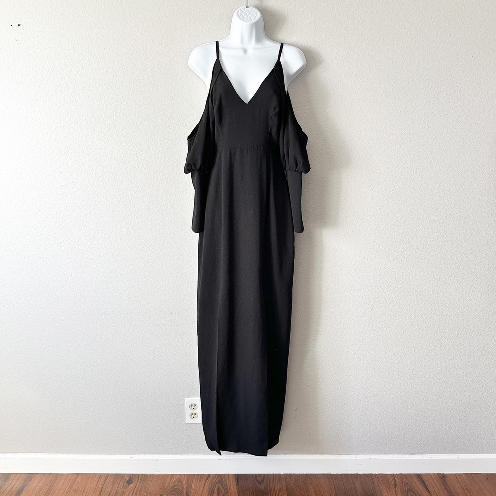 C/MEO COLLECTIVE No Reason Black Cold Shoulder Maxi Dress‎ Front Slits Size XS